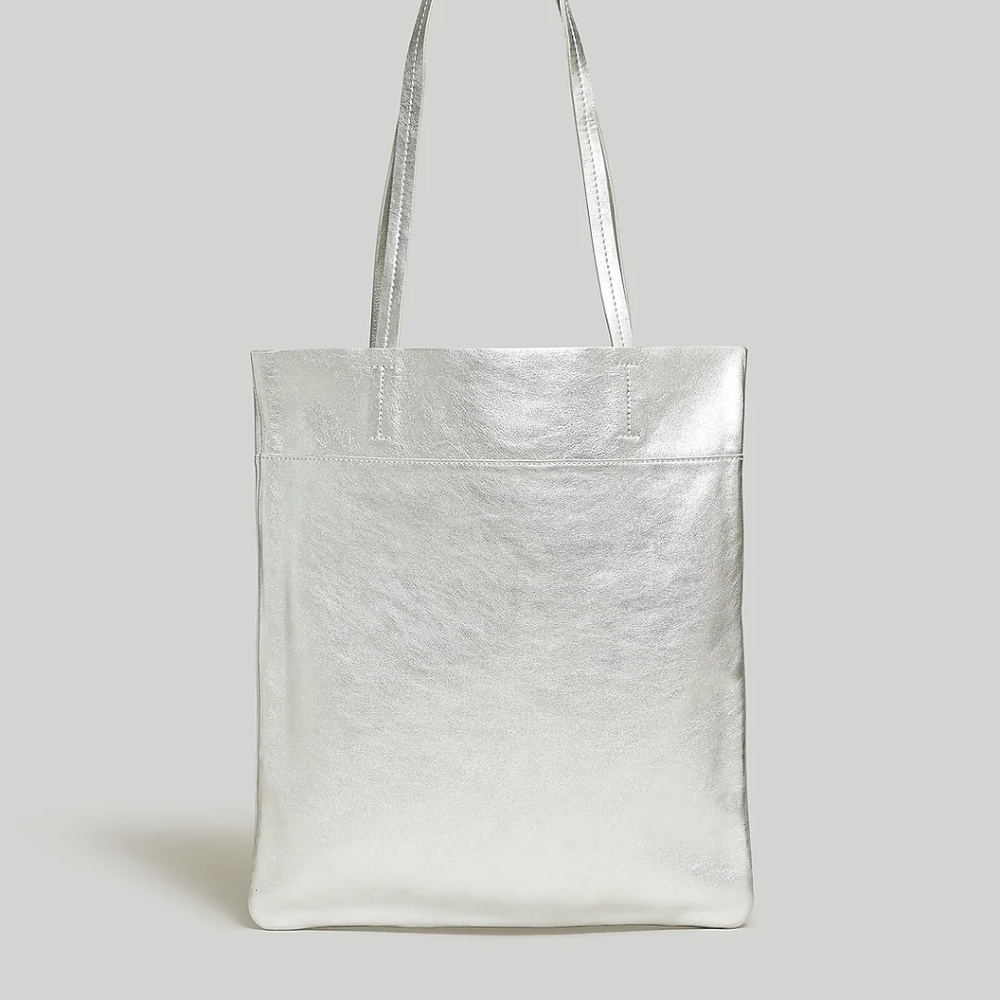 BNWT Metallic Silver Leather Madewell The Magazine Tote Bag